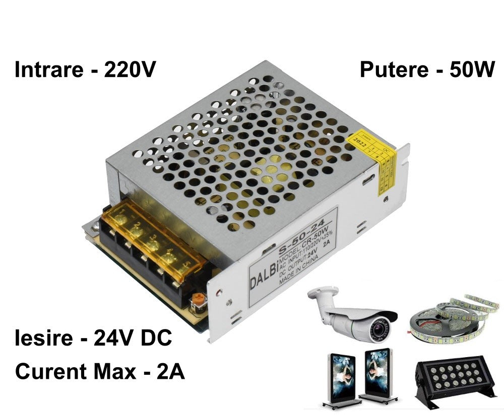 Sursa de Alimentare Slim, Carcasa Metalica, 220V-24V/50W-2A