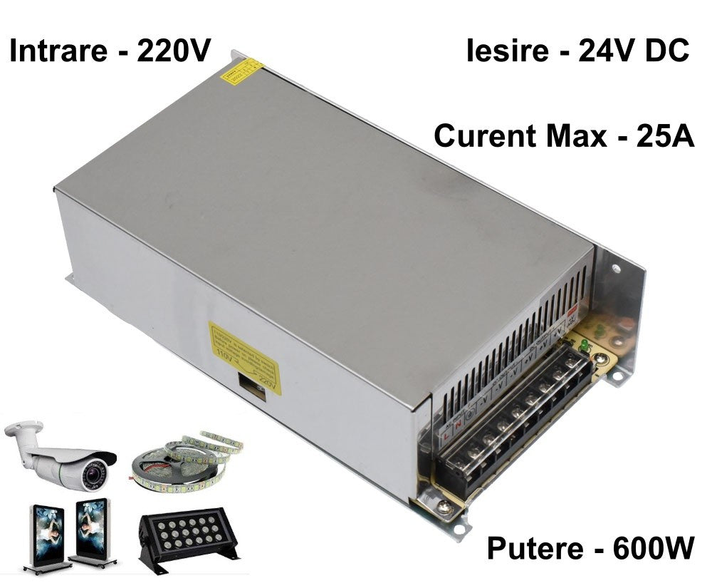 Sursa de Alimentare Slim, Carcasa Metalica, 220V-24V/600W-25A