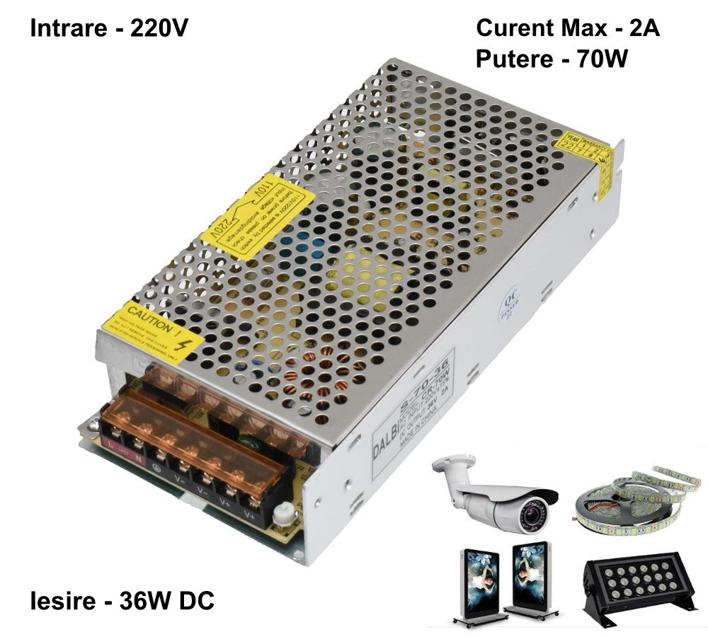 Sursa de Alimentare Slim, Carcasa Metalica, 220V-36V/70W-2A
