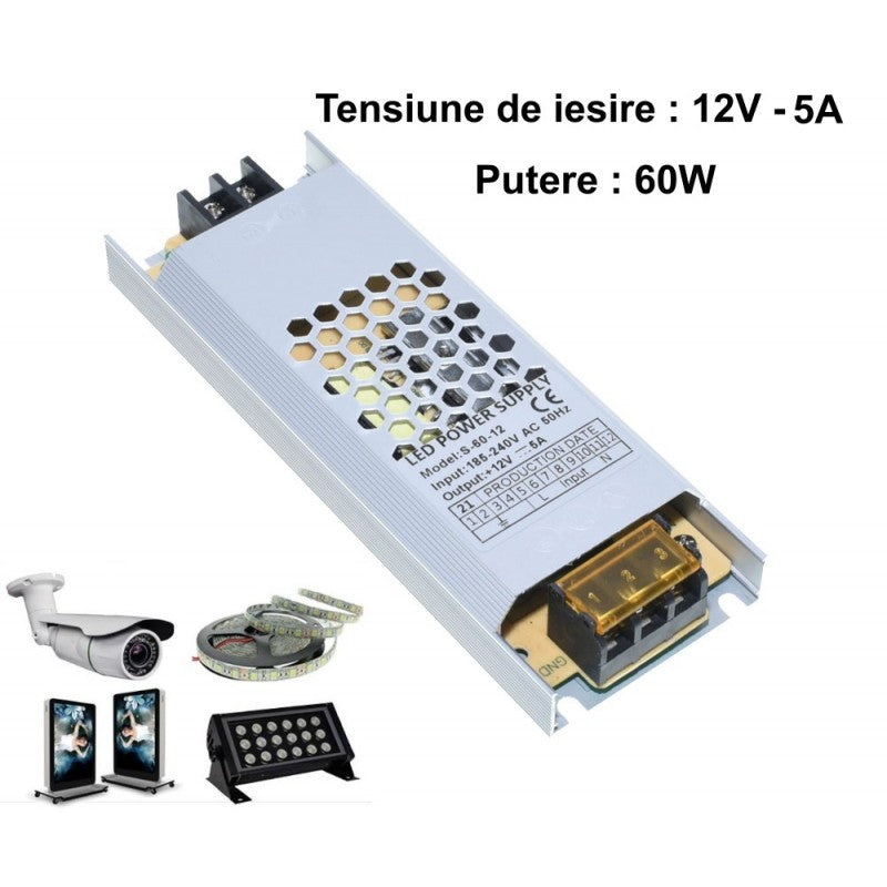 Sursa de Alimentare Slim, 12V , 5A, Putere 60W