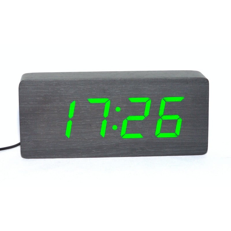 Ceas Digital Mare, Lemn Negru, LED Verde