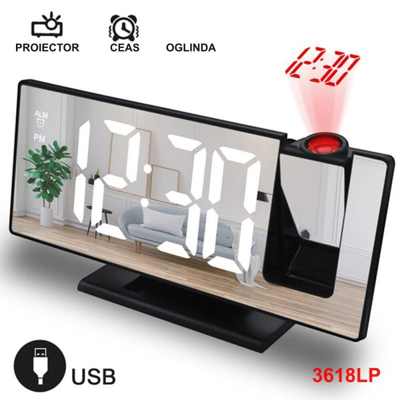 Ceas cu Oglinda si Proiectie 3618LP, Alb