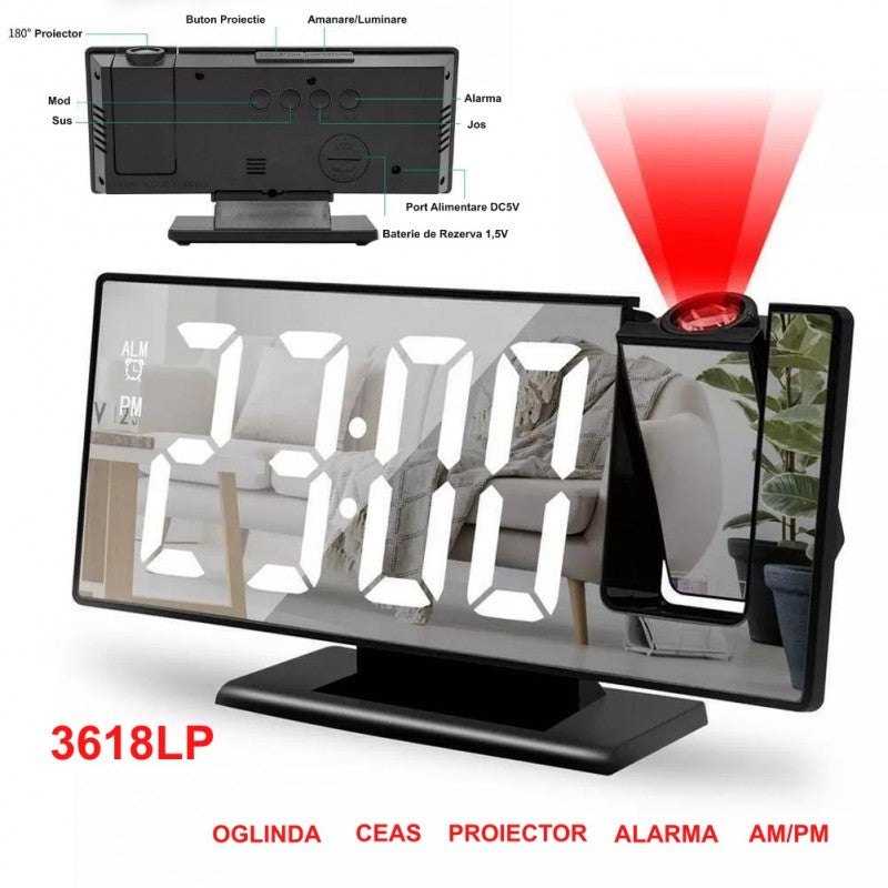Ceas cu Oglinda si Proiectie 3618LP, Alb