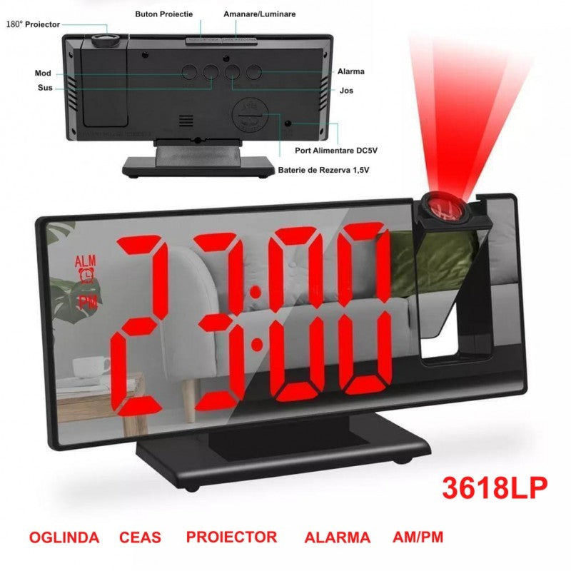 Ceas cu Oglinda si Proiectie 3618LP, Rosu