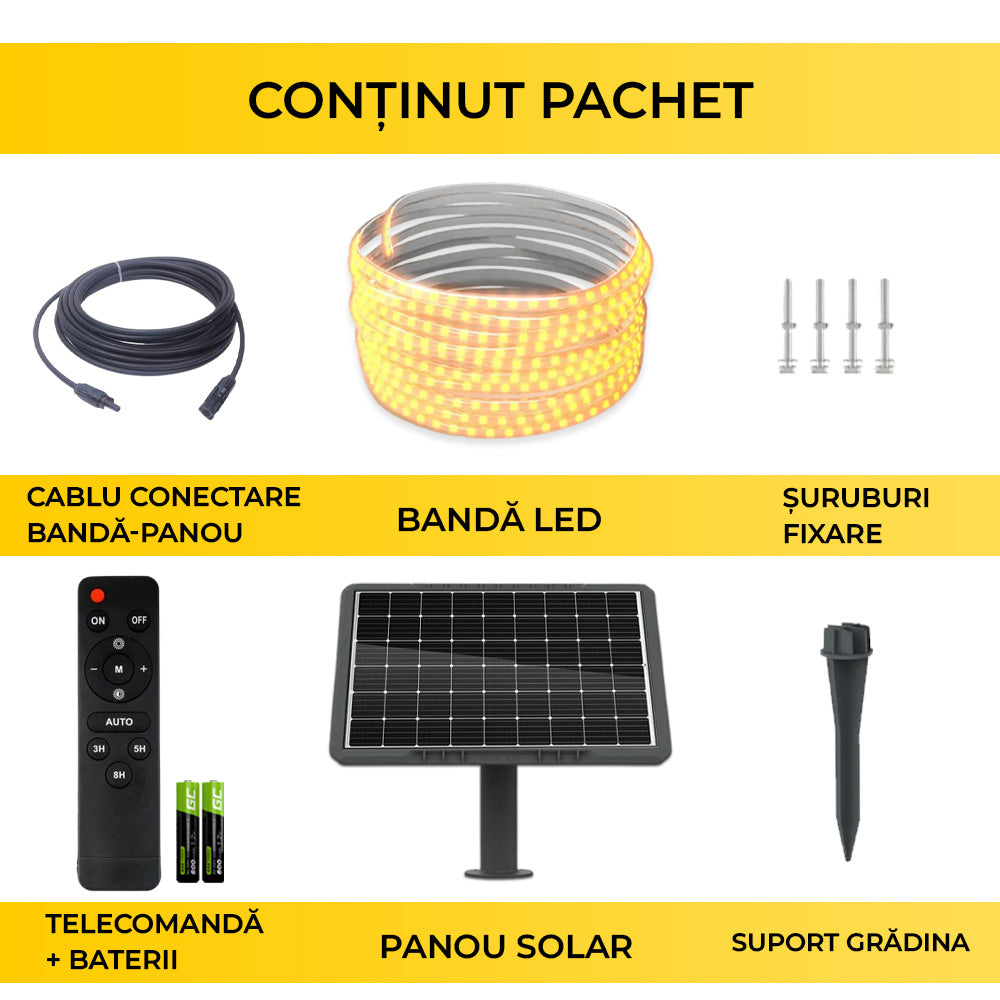 Kit Banda LED Alb-Cald, 5 Metri, Panou Solar Monocristalin, 50W, IP65, ClassLights