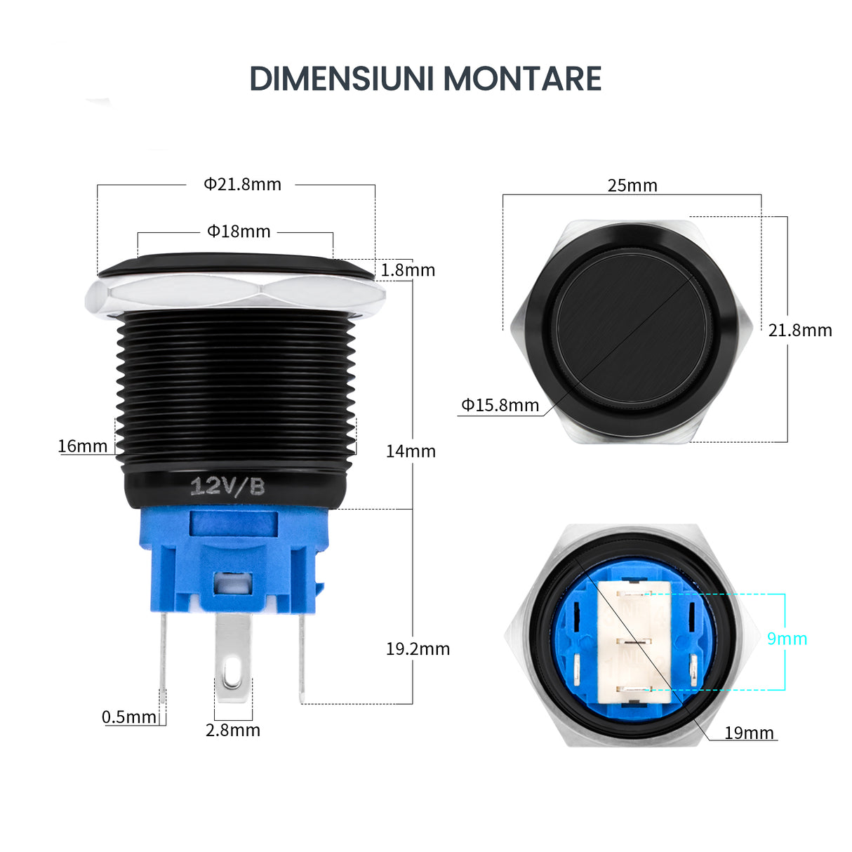 Buton Push Negru 19mm cu Retinere si Led Albastru, ElectroAZ