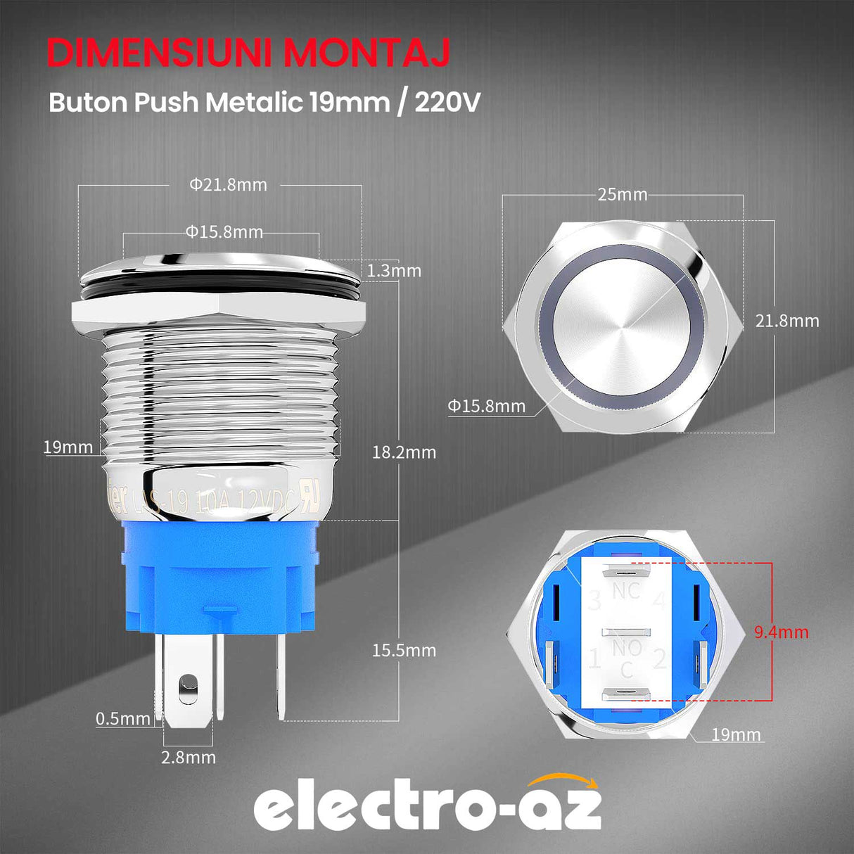 Buton Push Metalic, 220V, 19mm, cu Revenire Led Verde, ElectroAZ