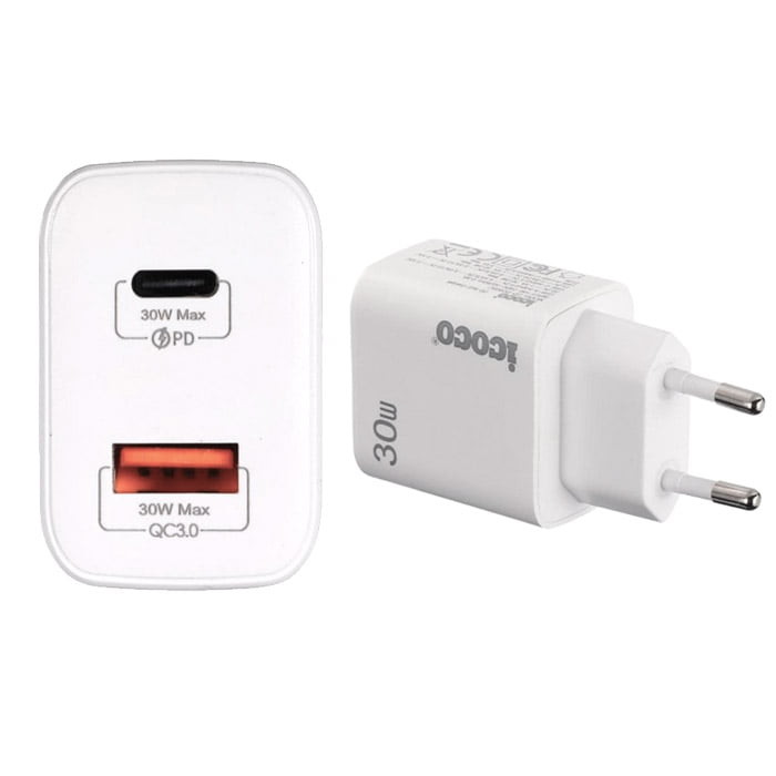 Incarcator 30W pentru telefon, 2 Sloturi, Type-C si USB, 3A, Qualcomm, Fast-Charge