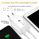 Incarcator iPhone/Samsung Fast-Charge 40W, 2x Type-C, 20W+20W, Alimentator 220V