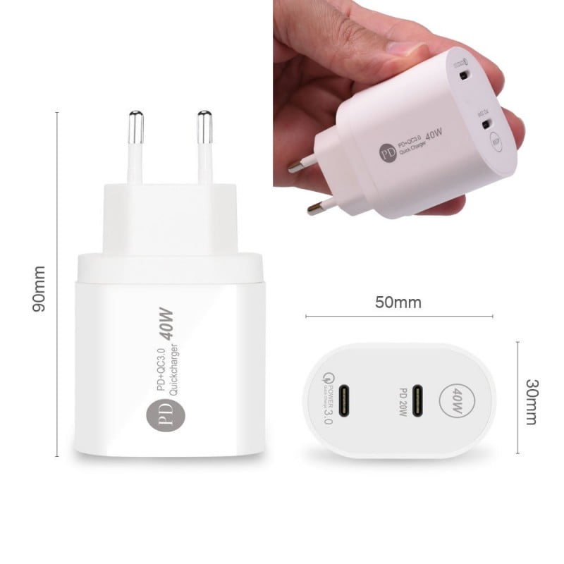 Incarcator iPhone/Samsung Fast-Charge 40W, 2x Type-C, 20W+20W, Alimentator 220V