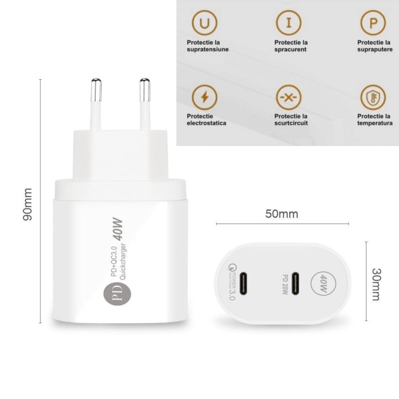 Incarcator iPhone/Samsung Fast-Charge 40W, 2x Type-C, 20W+20W, Alimentator 220V