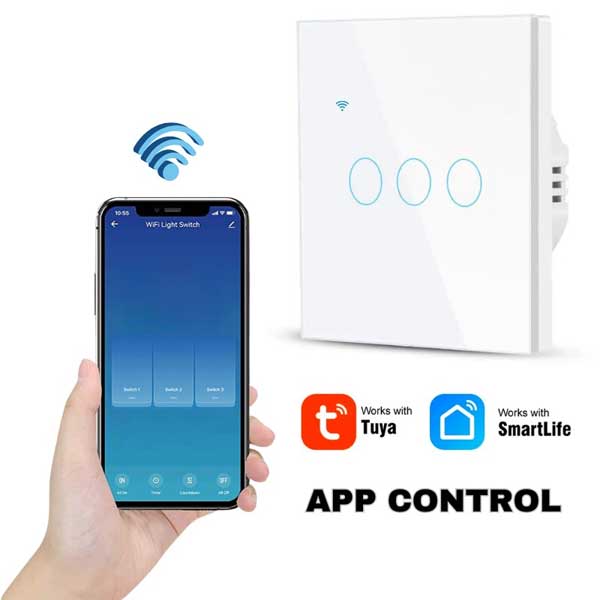 Intrerupator smart triplu touch, Alb, WiFi, Sticla securizata, Classlights, 10A, Control vocal, Smart Life / Tuya, LED