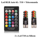 LED Auto RGB, Soclu T10, Pentru Lumini Ambientale, Telecomanda, 12V-W5W