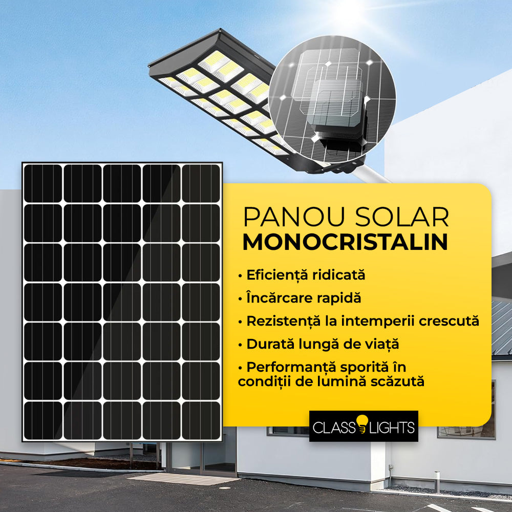 Lampa Solară 800W cu Panou Solar Monocristalin, 640 LED-uri, Bară + Telecomandă, ClassLights