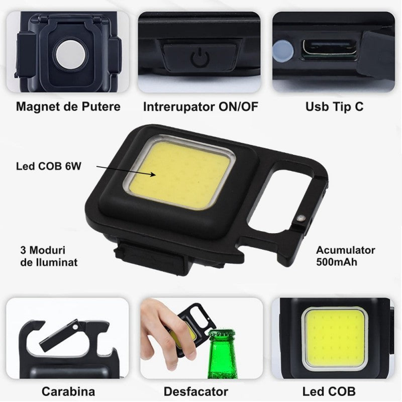 Mini-Lanterna LED Cob 6W, Tip Breloc, Carabina, Carcasa Aluminiu