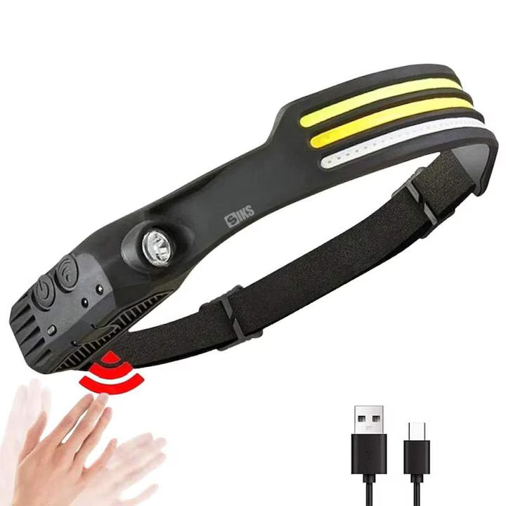 Lanterna de Cap Frontala LED COB cu Senzor de Miscare, 4 Surse de Lumina Reincarcabila USB Type-C, Rezistenta la Apa