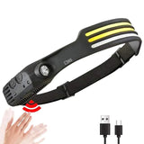 Lanterna de Cap Frontala LED COB cu Senzor de Miscare, 4 Surse de Lumina Reincarcabila USB Type-C, Rezistenta la Apa