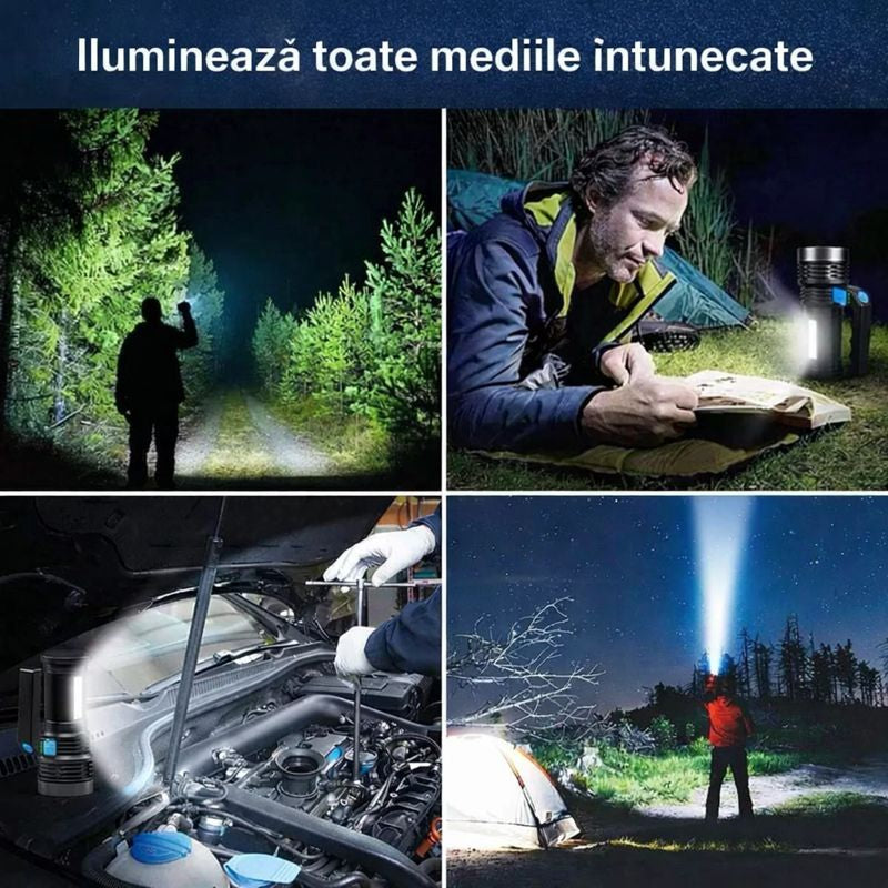 Lanternă LED Profesională Reîncărcabilă USB - 9 LED-uri Puternice, 4 Moduri Iluminare, 2400mAh