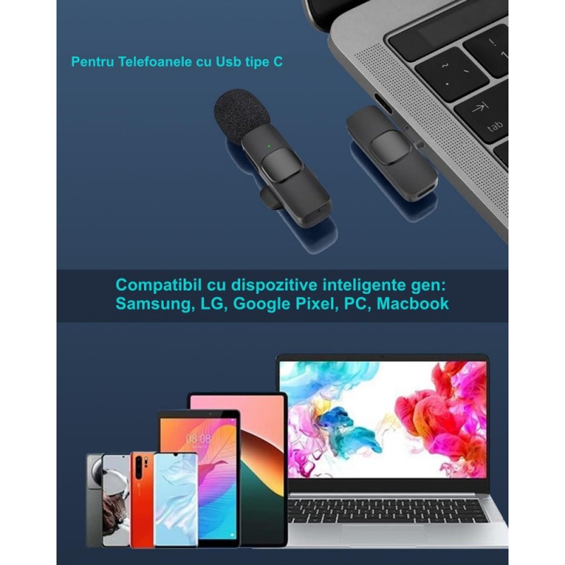 Microfon Wireless cu acumulator 65mAh, Lavariera, Ideal Vlogging, Type-C