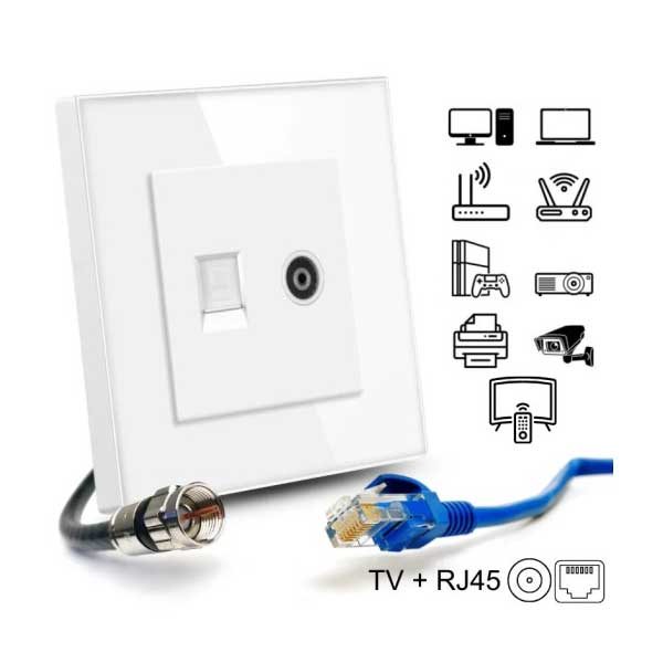 Priza TV + Internet RJ45, Cat6, Rama sticla securizata, Classlights, Alb