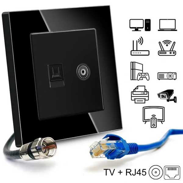 Priza TV + Internet RJ45, Cat6, Rama sticla securizata, Classlights, Negru