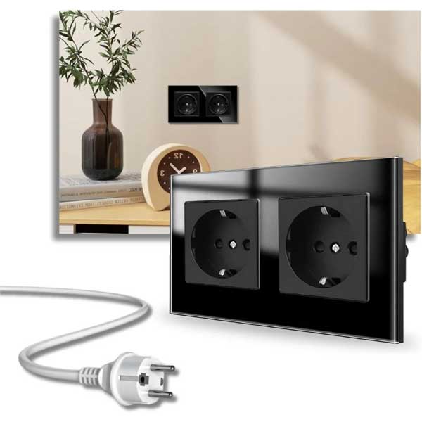 Priza dubla cu rama din sticla securizata Classlights, 16A, Negru