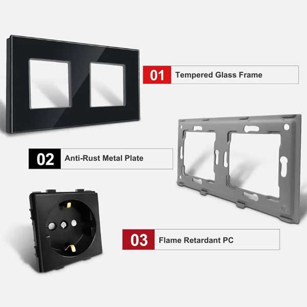 Priza dubla cu rama din sticla securizata Classlights, 16A, Negru