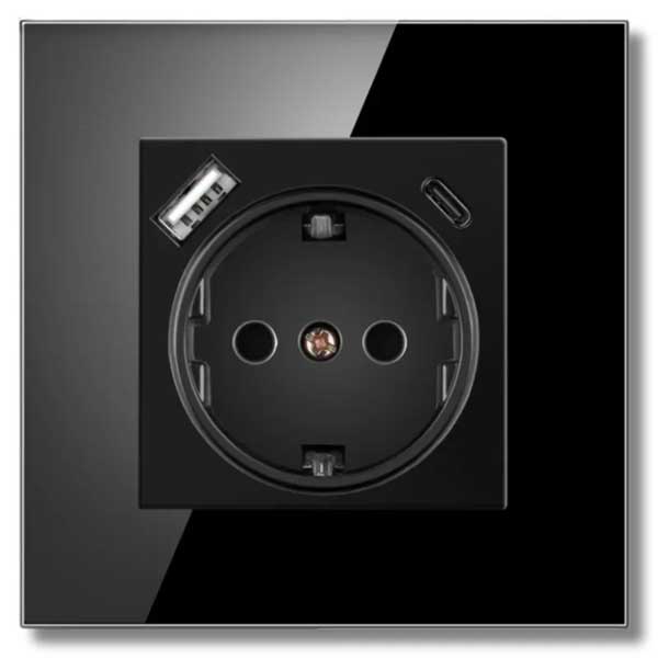 Priza cu rama de sticla securizata, porturi USB-A si USB-C, Classlights, 16A, Negru