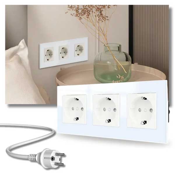 Priza tripla cu rama din sticla securizata Classlights , 16A, Alb