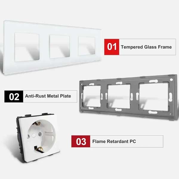 Priza tripla cu rama din sticla securizata Classlights , 16A, Alb