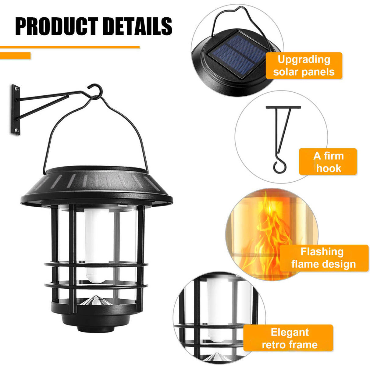 Set 2 Lampi Solare de Exterior cu Efect Flacara Realista, Design Retro Elegant,Protectie IP65, Negru