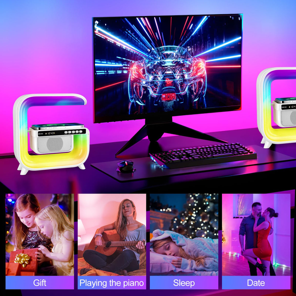 Ceas Digital cu Boxa Bluetooth, Incarcare Wireless 15W si Iluminare LED RGB