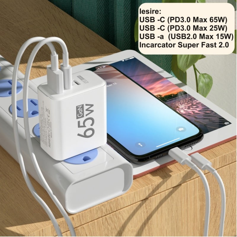 Statie de incarcare 65W, 2x Type-C, 1x USB, FAST, Alimentator 220V