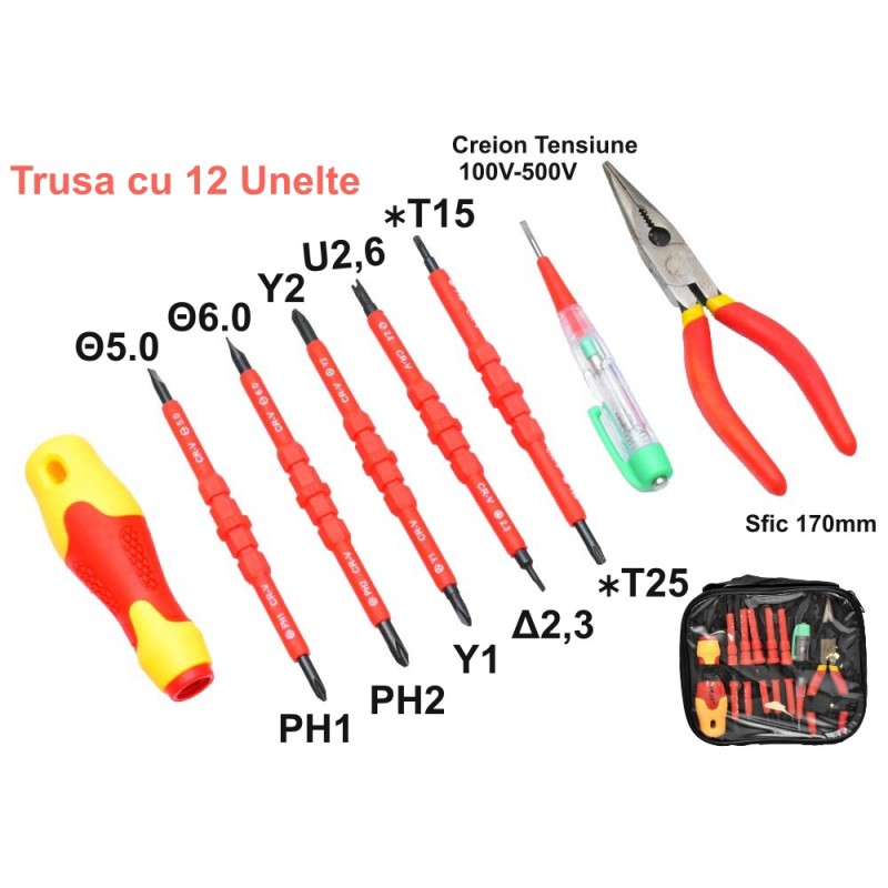 Trusa 12 Unelte de Electrician, Surubelnite si Sfic NO-3035