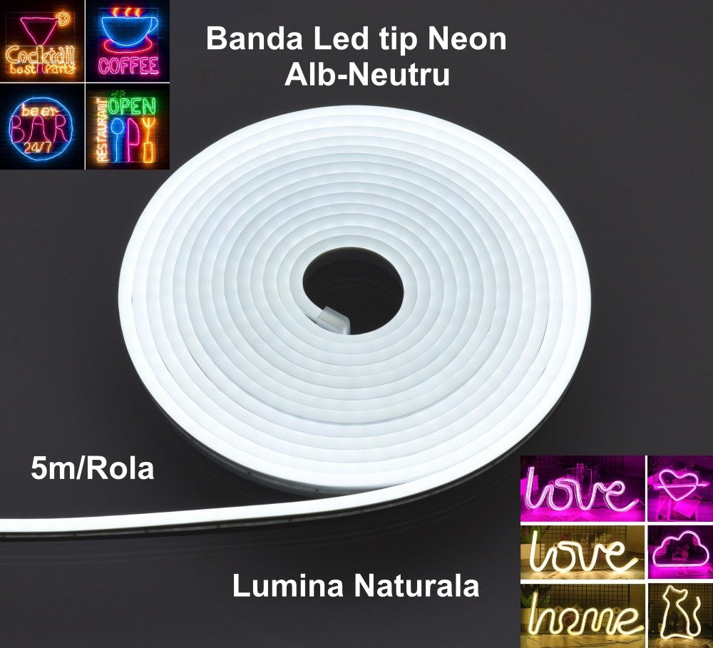 Banda Led Flexibil 12V, Lumina Alb-Neutru 5m