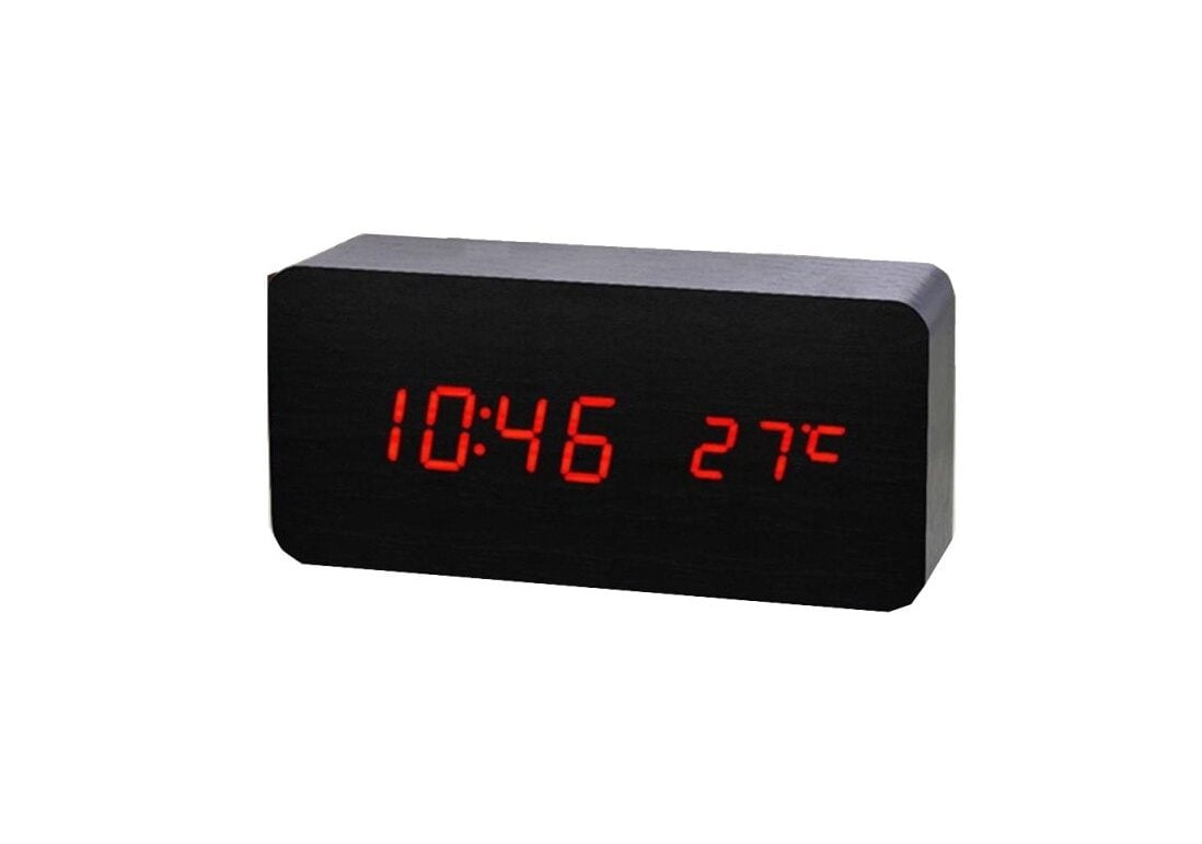 Ceas Digital din Lemn Negru, Led Rosu
