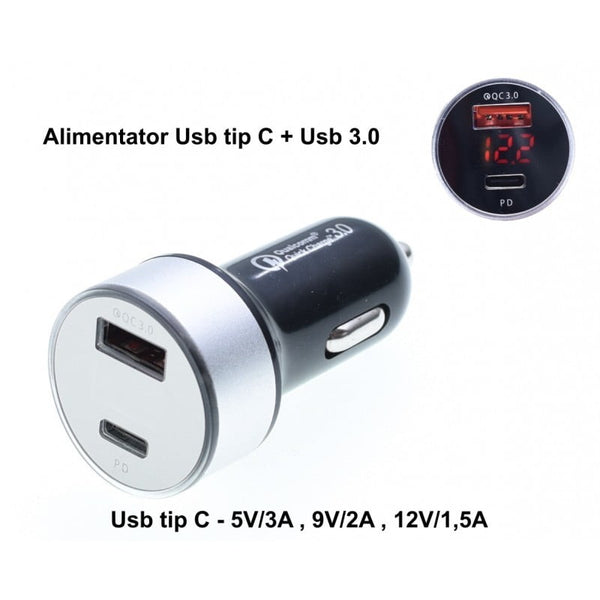 Incarcator Auto Smart Qualcom USB 3.0 + PD - USB TIP C