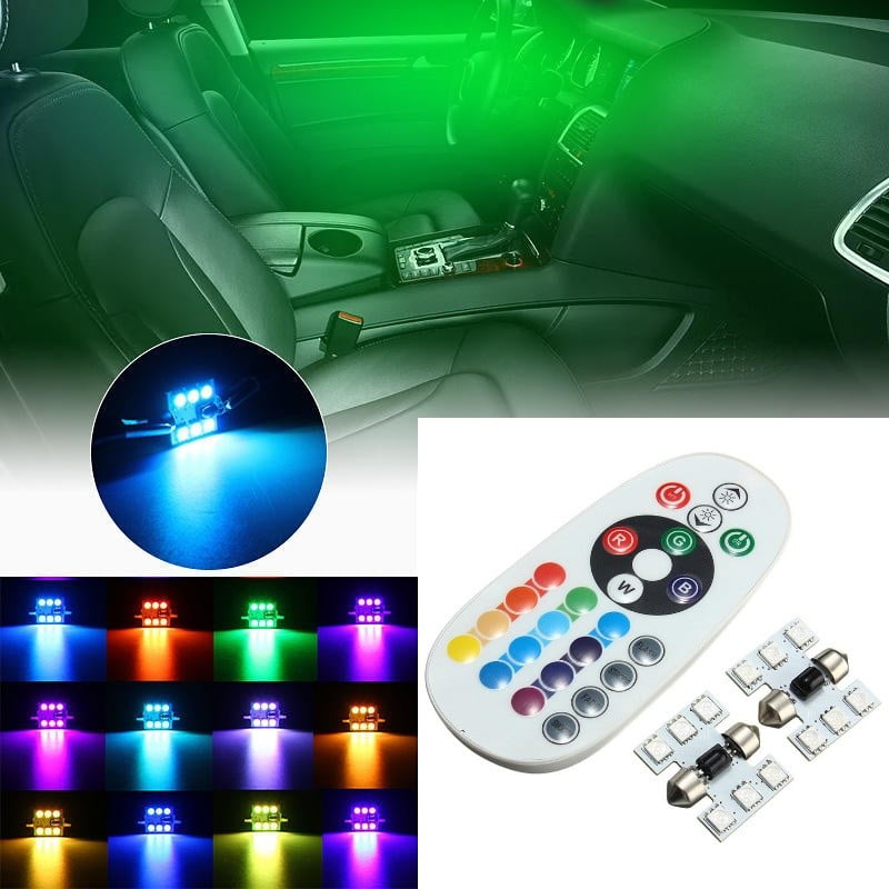 LED Auto RGB cu Telecomanda, Soclu Feston 31mm, Set 2 Buc