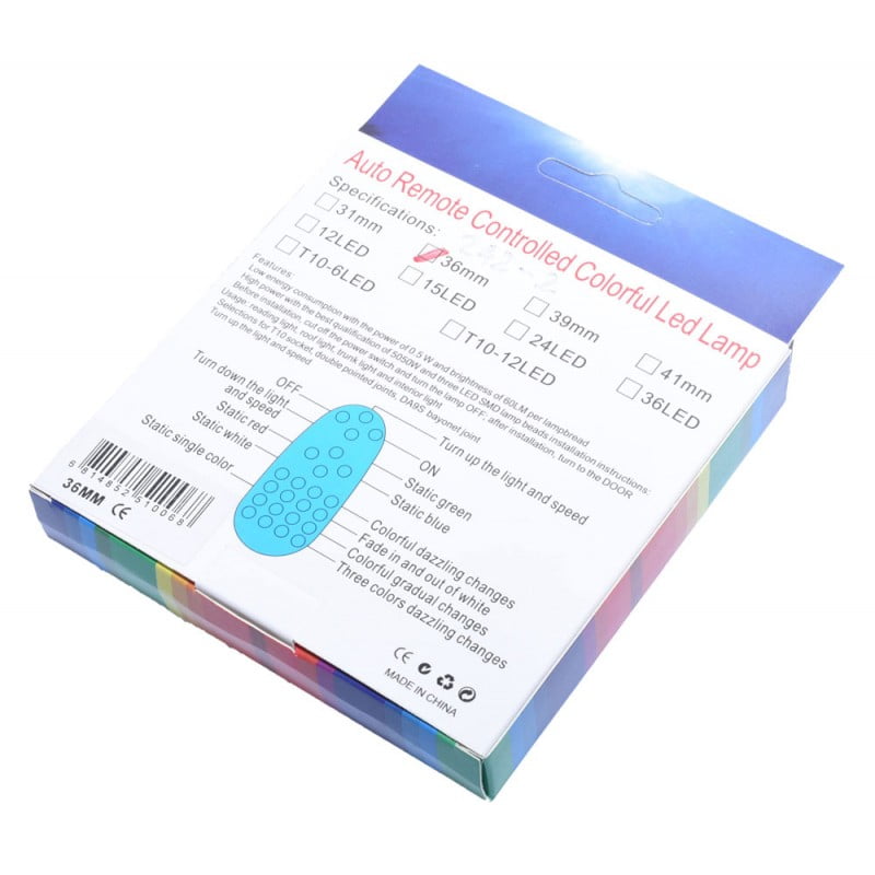 LED Auto RGB cu Telecomanda, Soclu Feston 36mm, Set 2 Buc