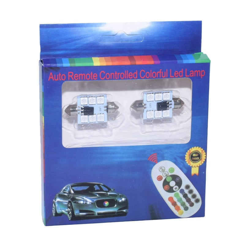 LED Auto RGB cu Telecomanda, Soclu Feston 39mm, Set 2 Buc