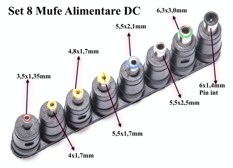 Set 8 Mufe Adaptoare, Alimentare DC 2.1mm, Diverse Mufe Output